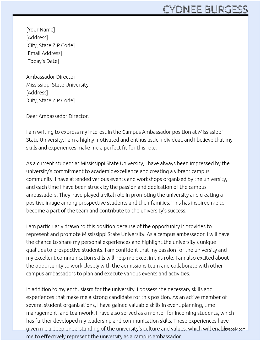Campus Ambassador At Mississippi State University Cover Letter