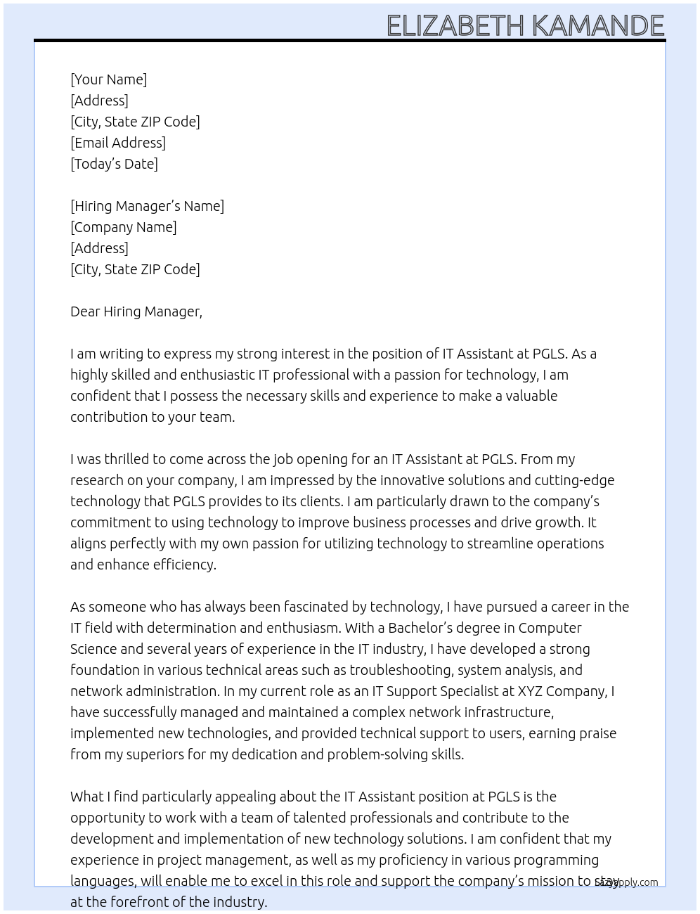 IT ASSISTANT At PGLS Cover Letter