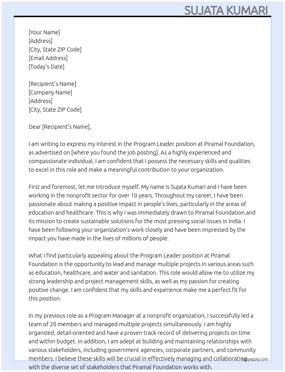 Program leader  At Piramal foundation  Cover Letter