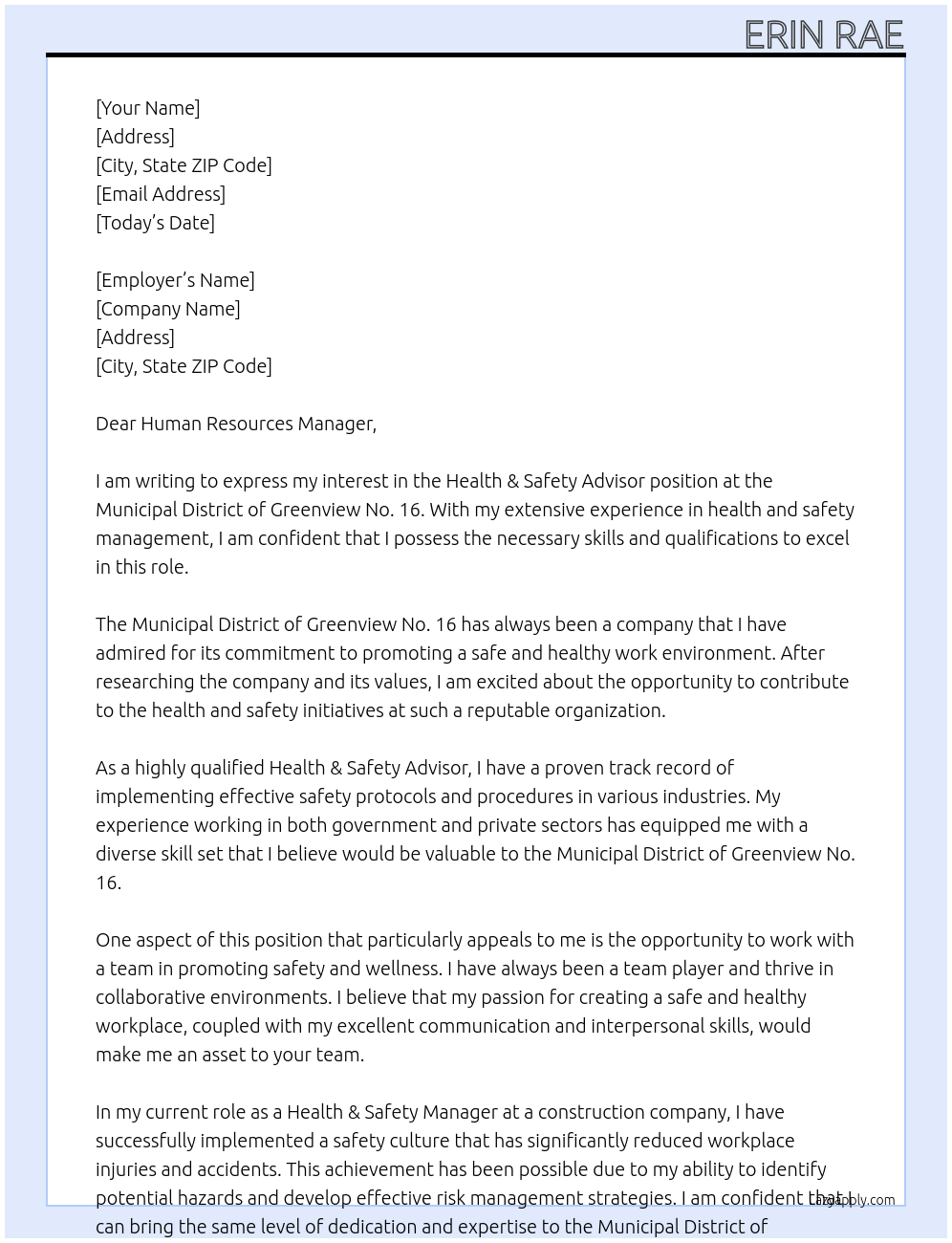 Health & Safety Advisor At Municipal District of Greenview No. 16 Cover Letter