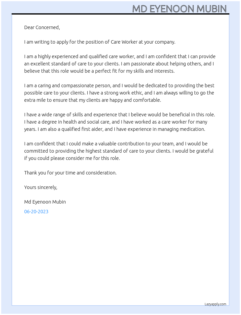 Care Worker At your company Cover Letter