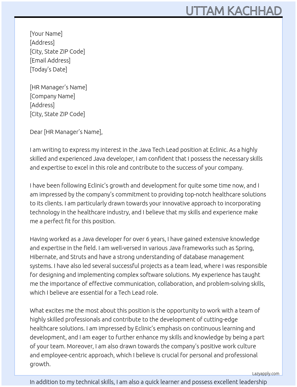 Cover letter for java tech lead - LazyApply