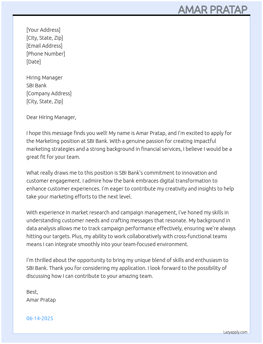 Marketing At Sbi bank Cover Letter