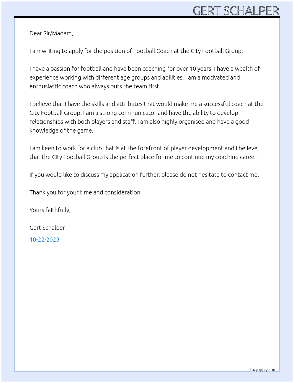 Football Coach At City Football Group Cover Letter