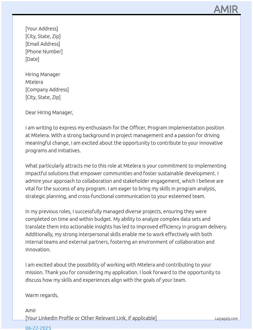 Officer, Program Implementation At Mtelera Cover Letter