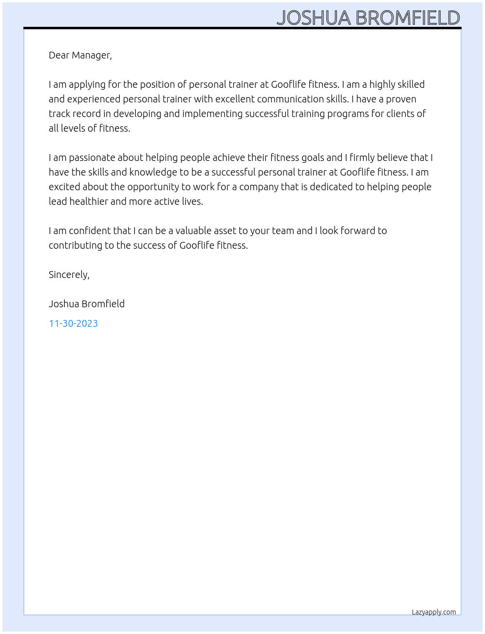 personal trainer At Gooflife fitness Cover Letter