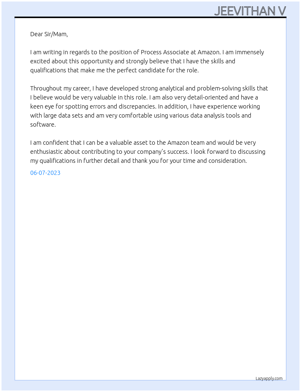 Process Associate At Amazon Cover Letter