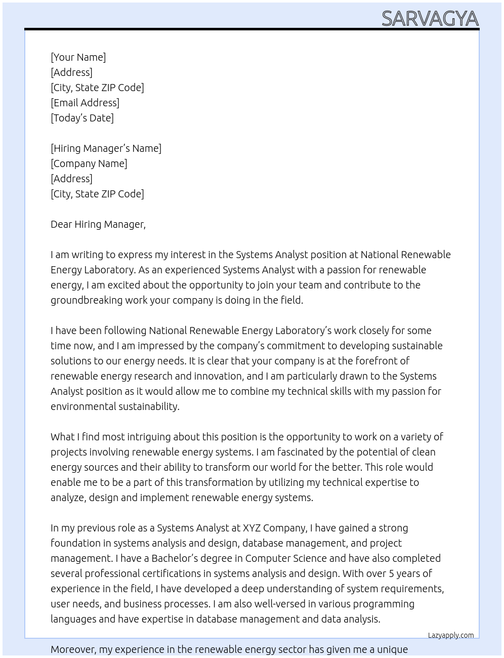 Systems Analyst At National Renewal Energy Laboratory Cover Letter