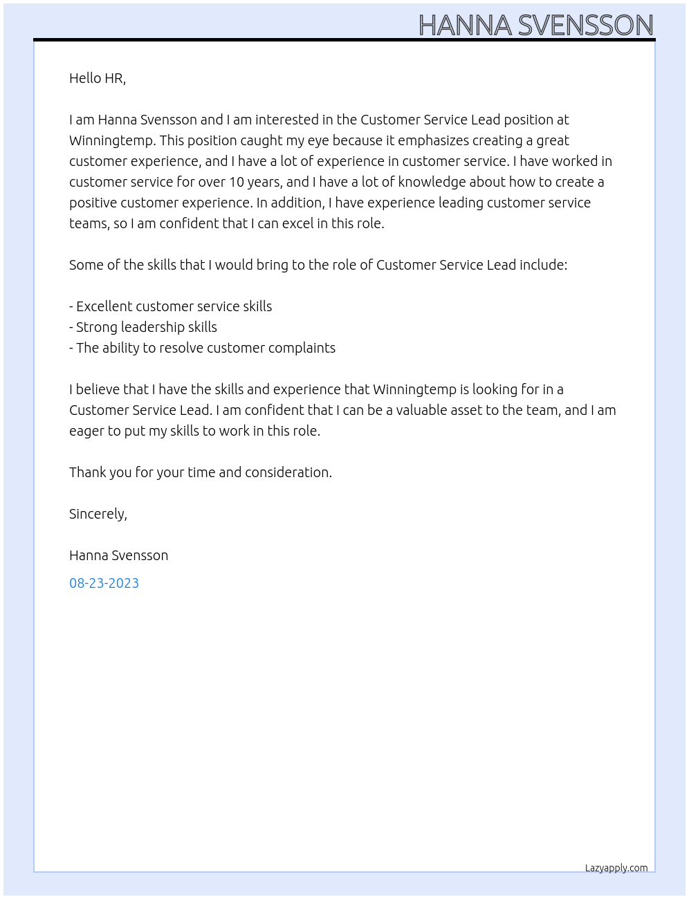 Customer Service Lead At Winningtemp Cover Letter