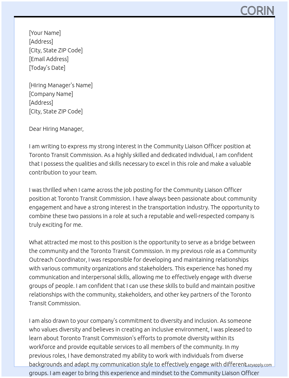 Community Liason Officer At Toronto Transit Commission Cover Letter