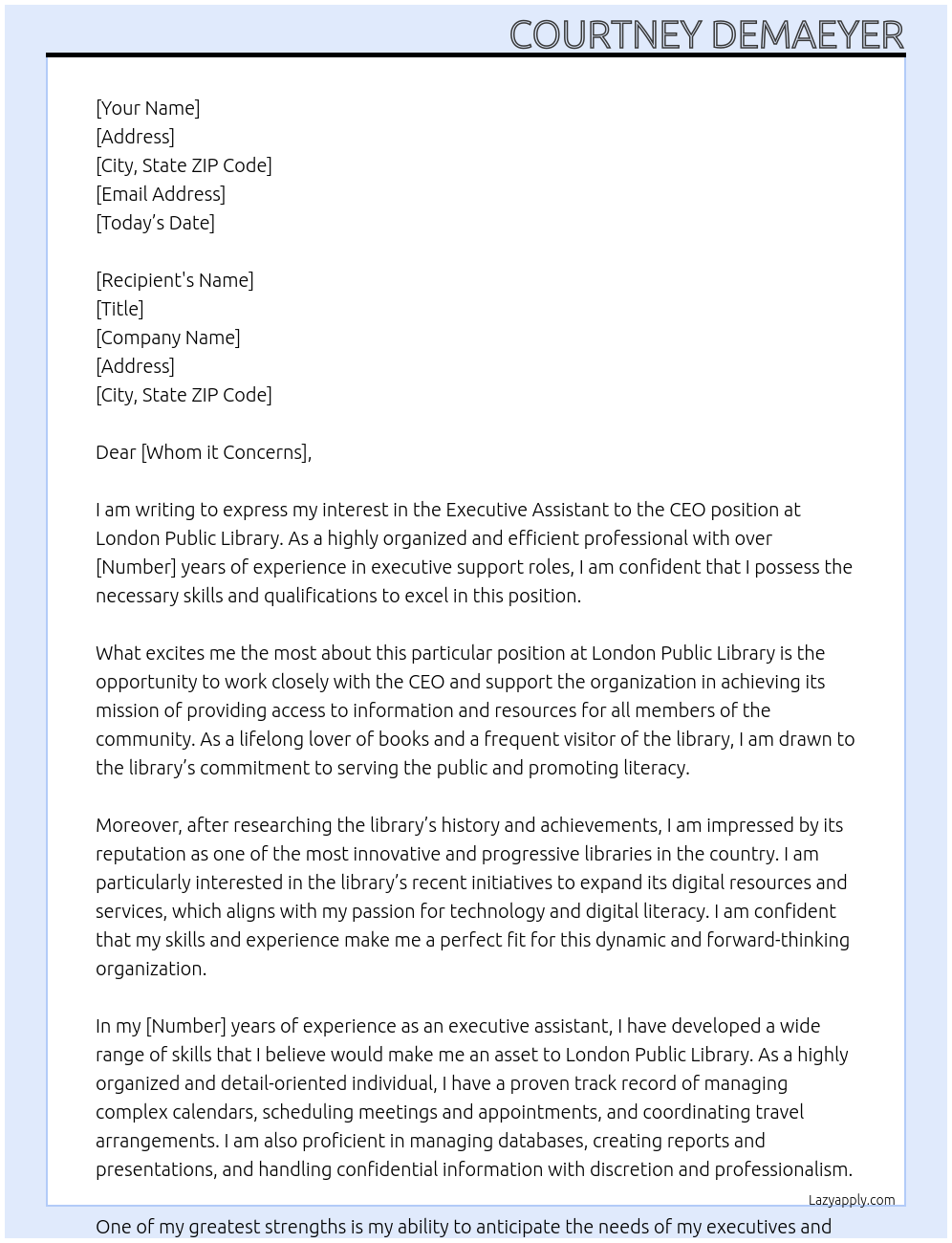 Executive Assistant to the CEO At London Public Library Cover Letter