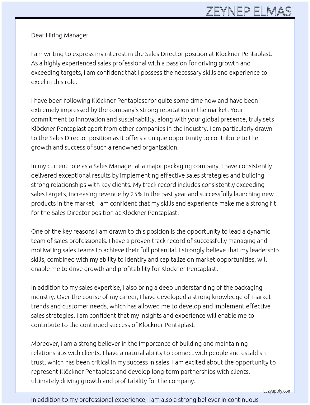 Sales Director At Klöckner Pentaplast Cover Letter