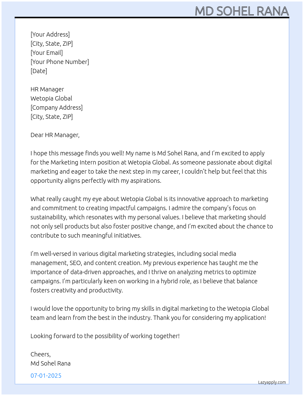 Marketing Intern At Wetopia Global Cover Letter