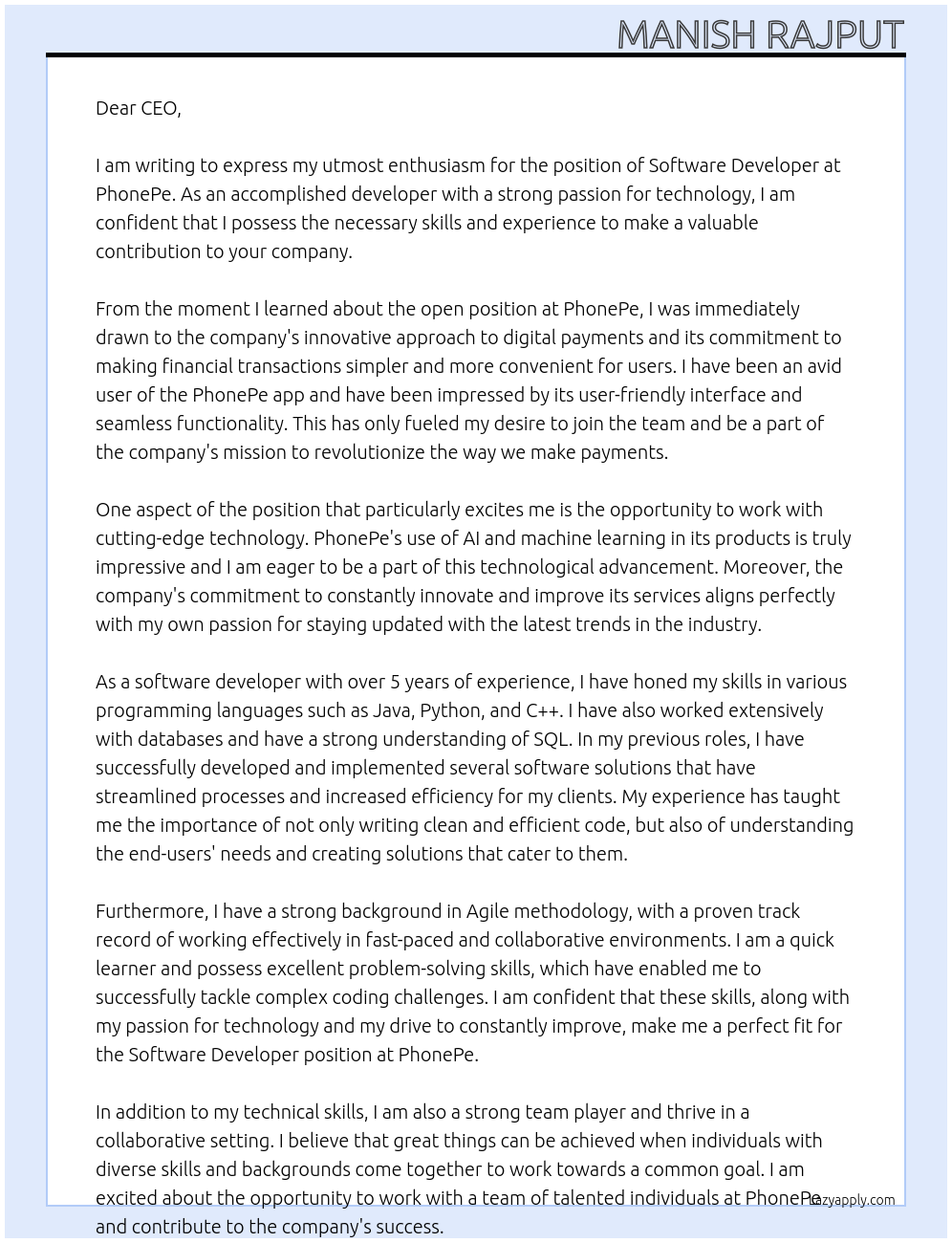 Software developers  At PhonePe  Cover Letter