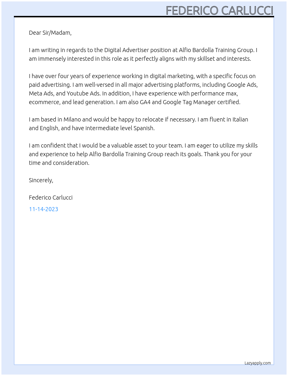 Digital Advertiser At Alfio Bardolla Training Group Cover Letter