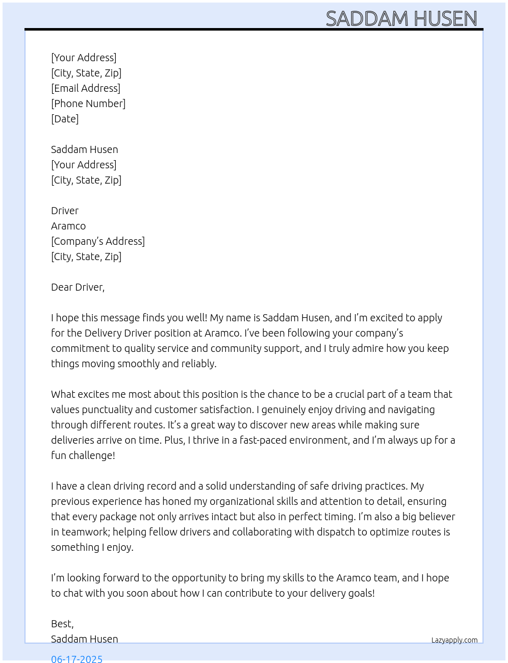 Delivery driver At Aramco Cover Letter