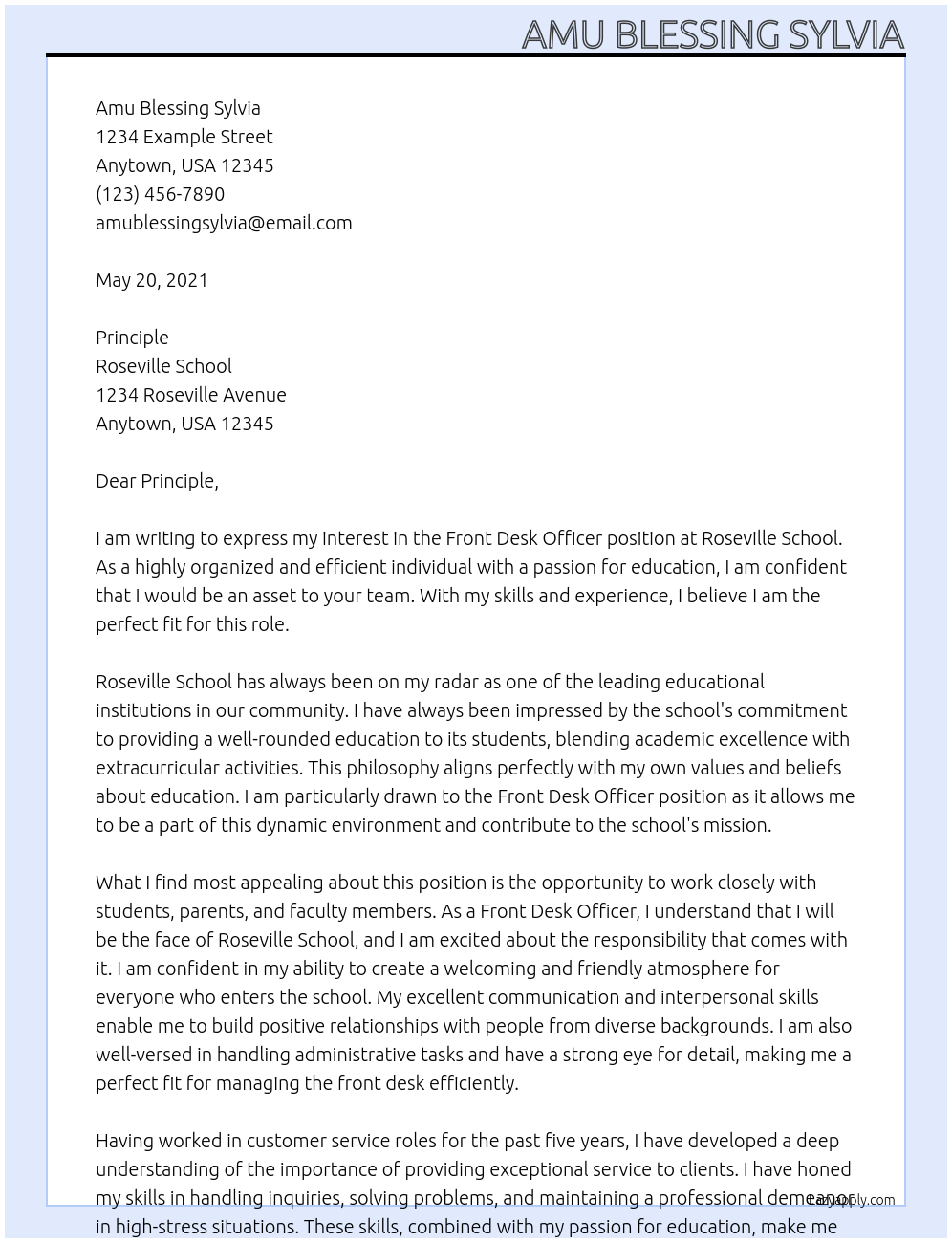 Front Desk officer At Roseville school Cover Letter