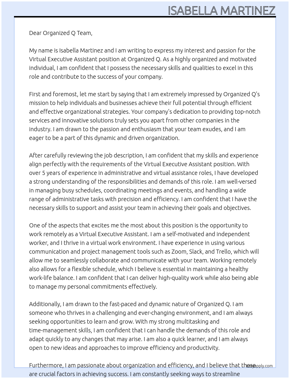 Virtual Executive Assistant At Organized Q Cover Letter