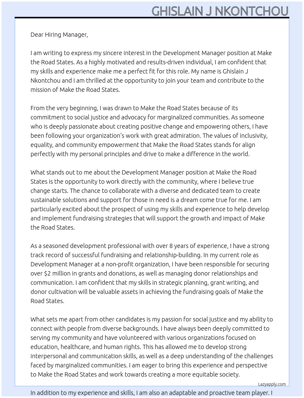 Development Manager At Make the Road States Cover Letter