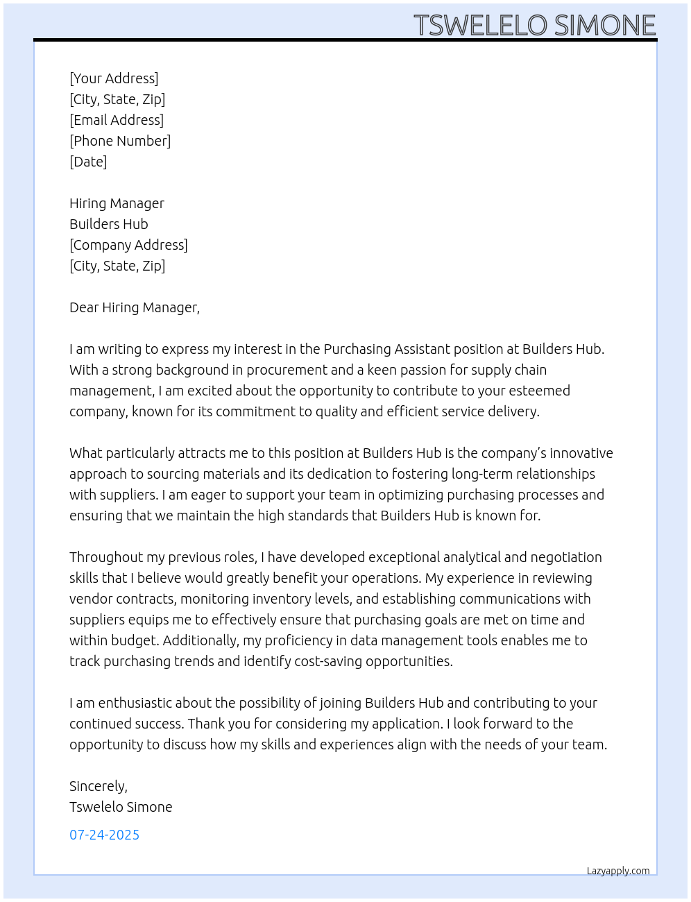 Cover letter for purchasing assistant - LazyApply