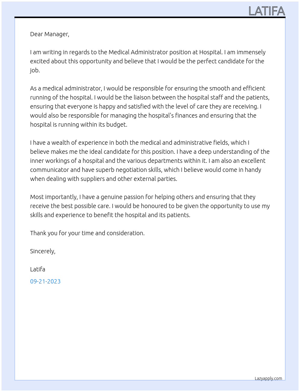 Medical Administrator At Hospital Cover Letter