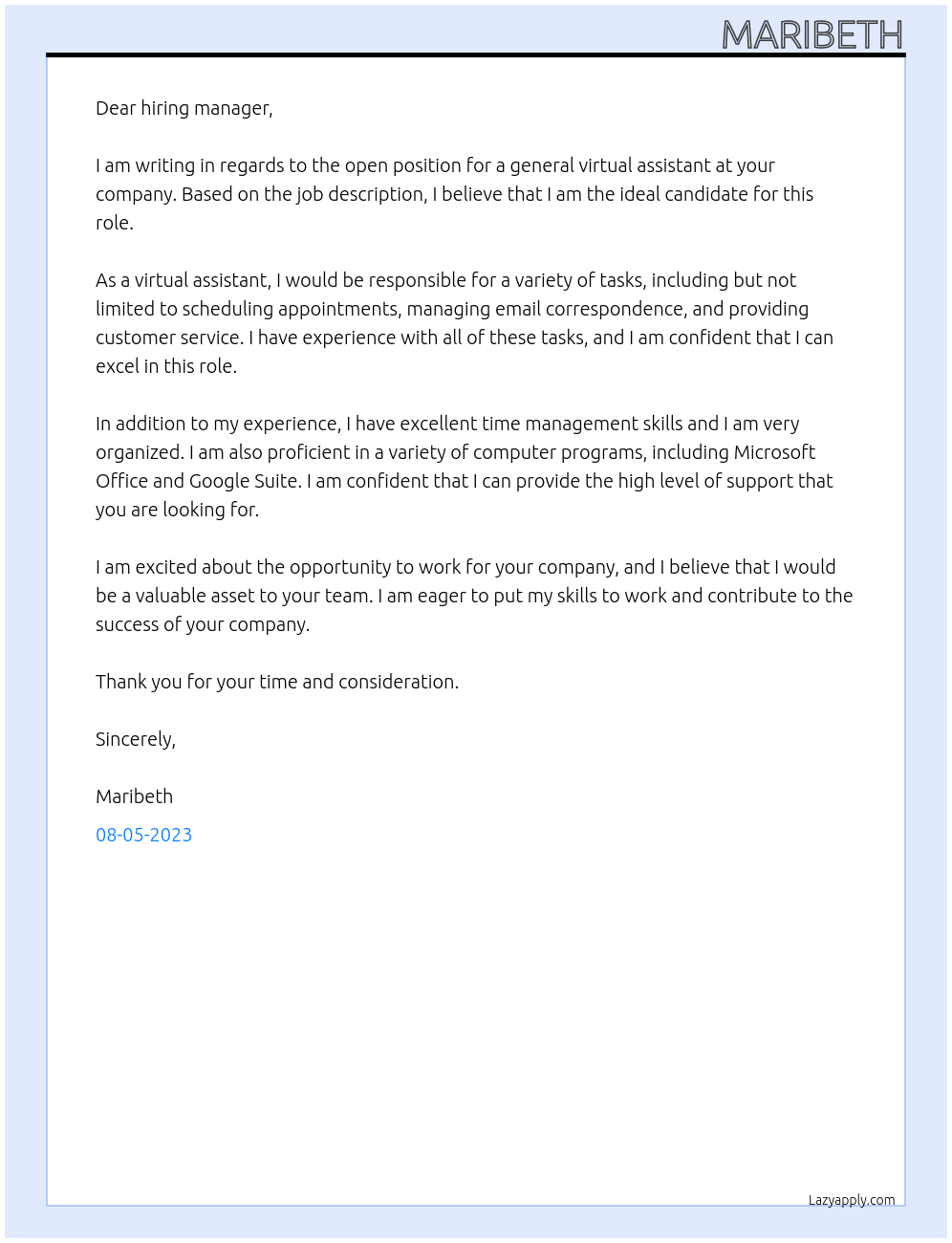 general virtual assistant At " " Cover Letter
