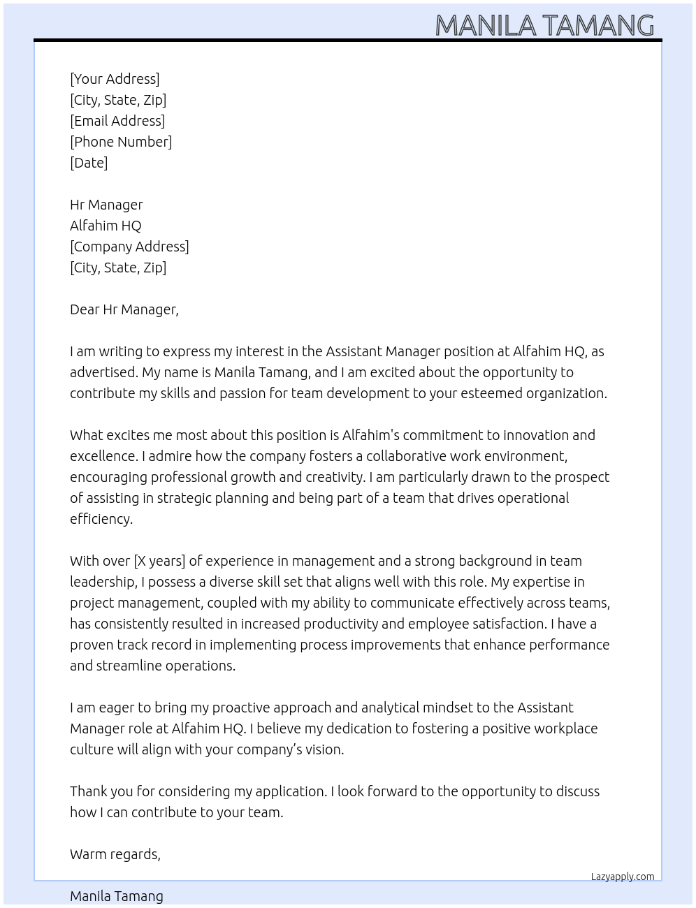 Assistant manager At Alfahim hq Cover Letter