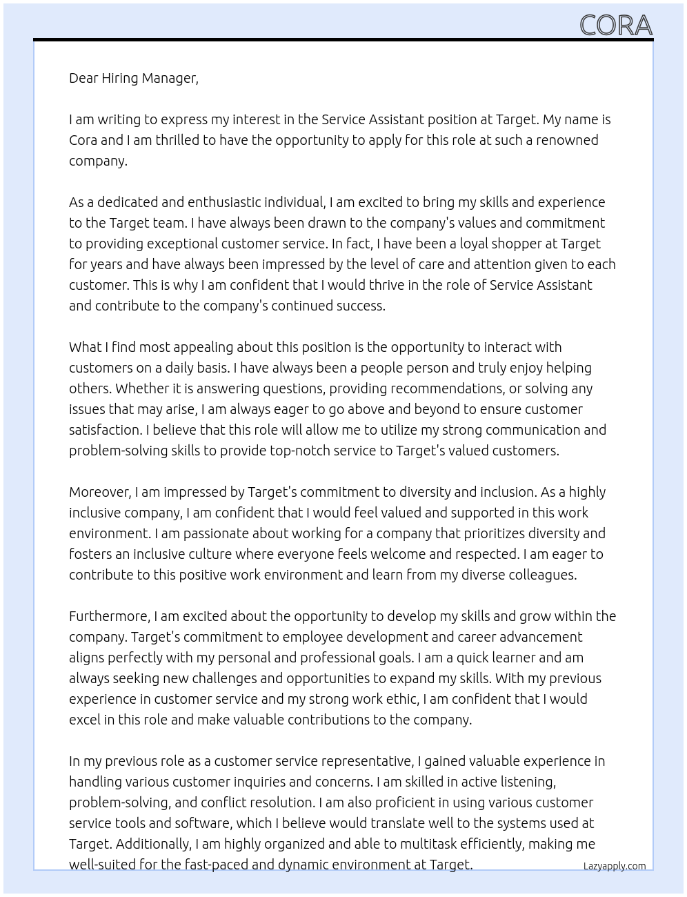 service assistant At Target Cover Letter