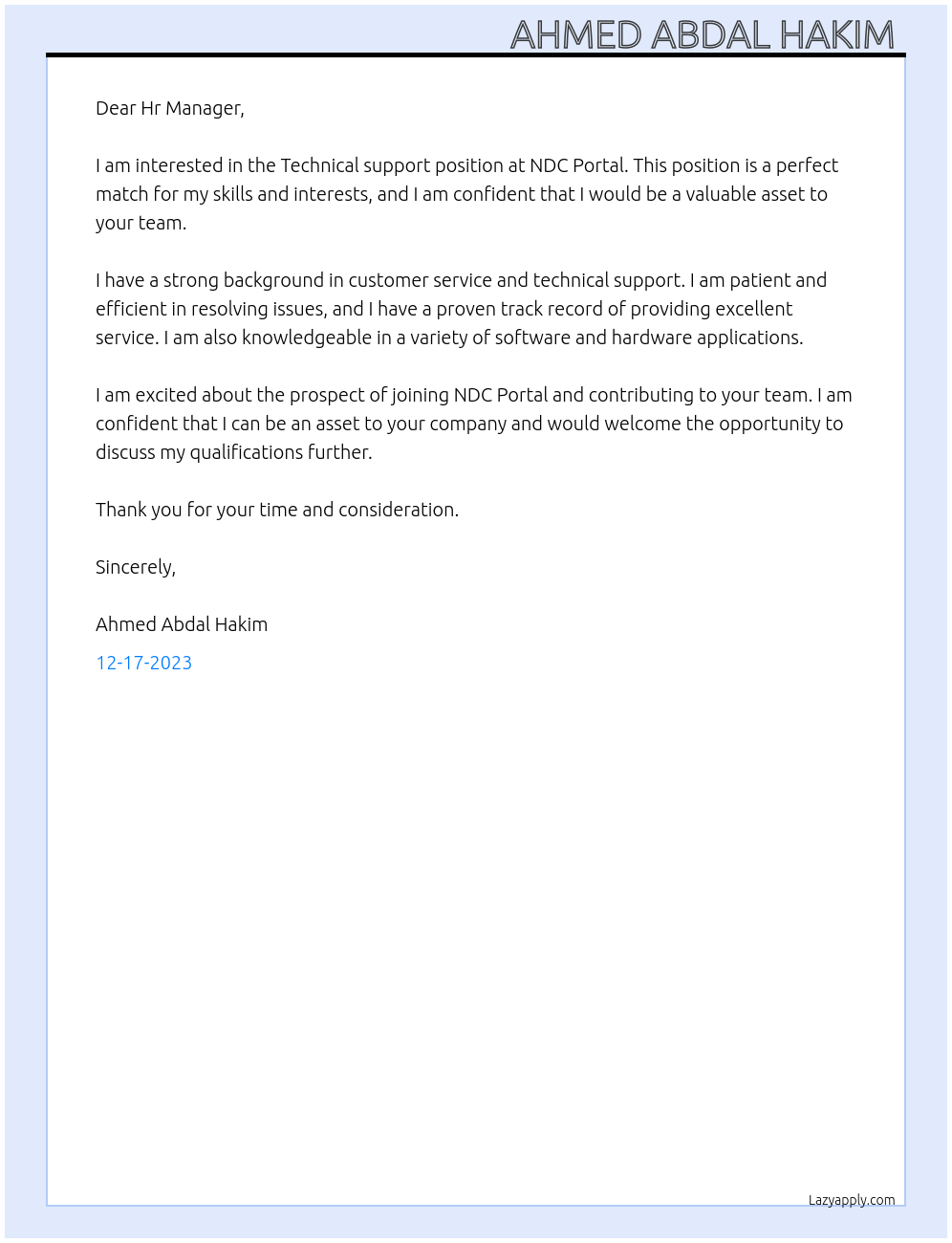 Technical support At NDC Portal Cover Letter
