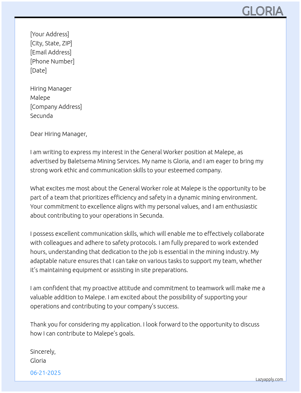 General Worker At Malepe Cover Letter
