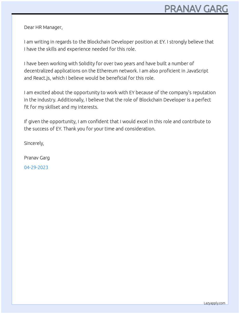 Blockchain Developer At EY Cover Letter