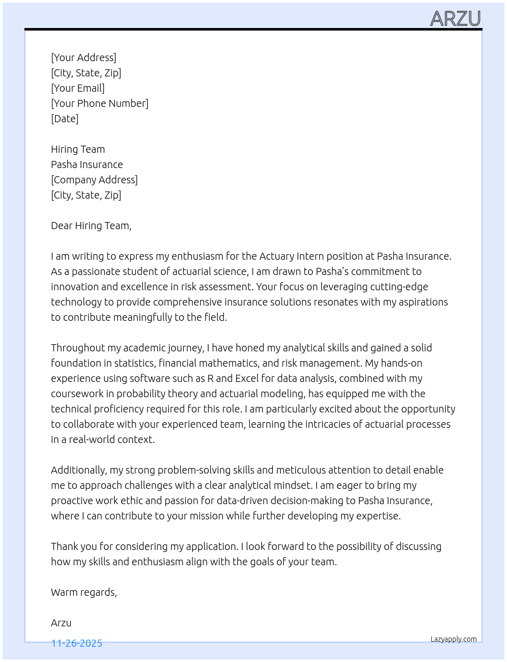  actuary intern At Pasha Insurance  Cover Letter