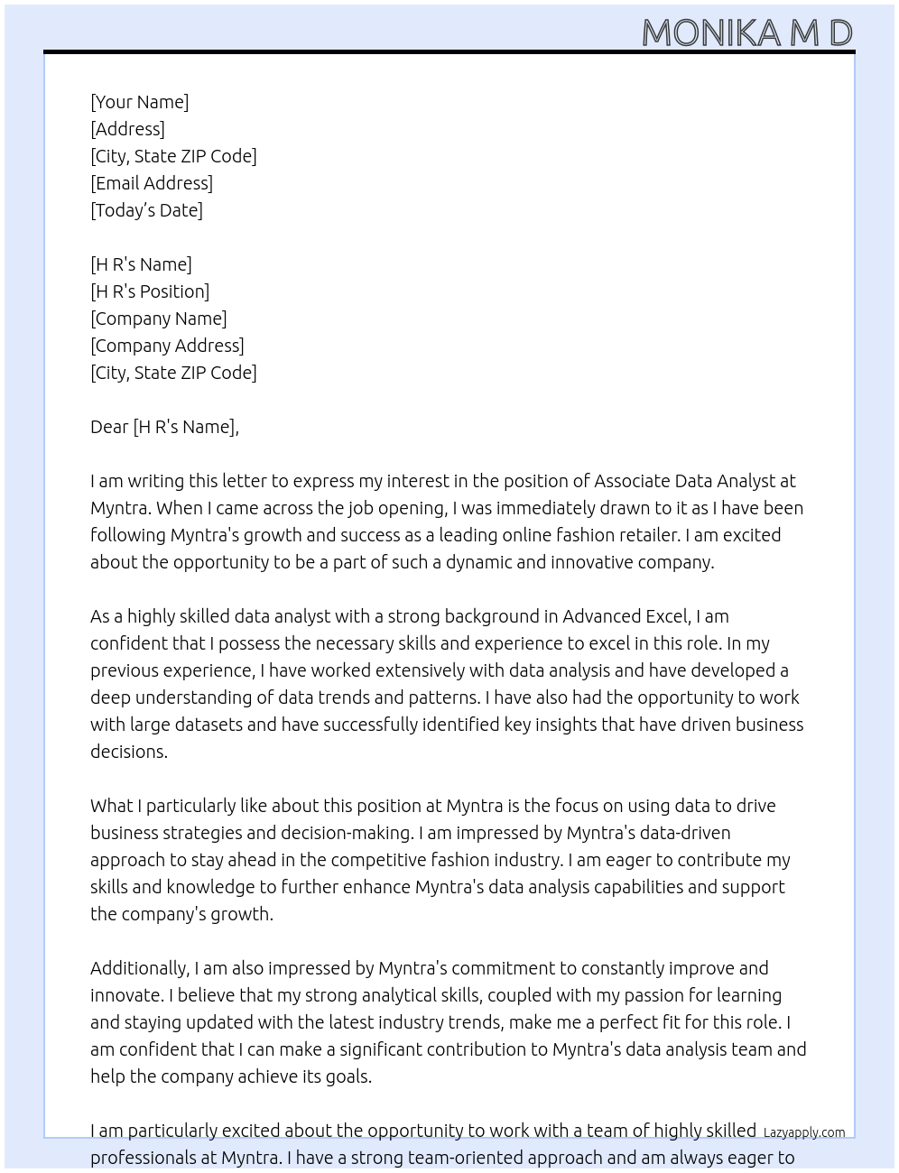 Associate Data Analyst At Myntra Cover Letter