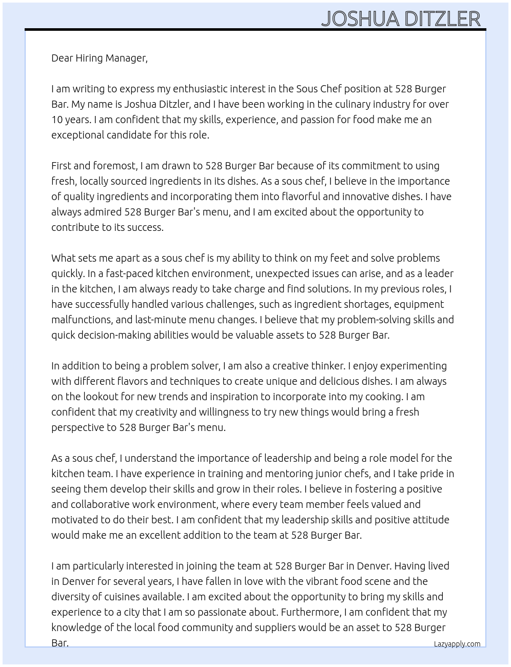 Sous Chef  At 528 Burger Bar  Cover Letter