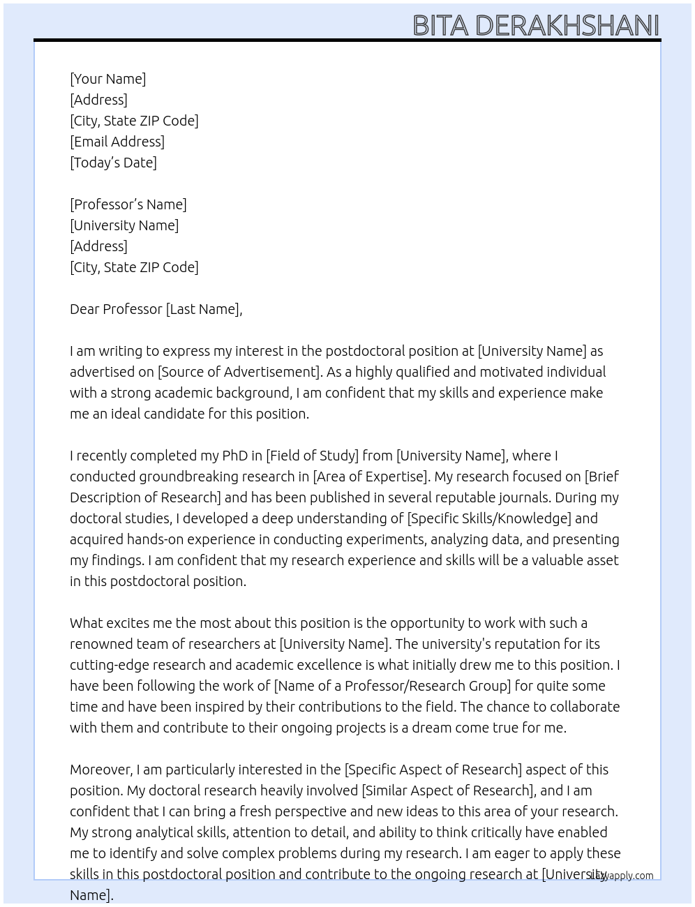 postdoctoral  At University  Cover Letter