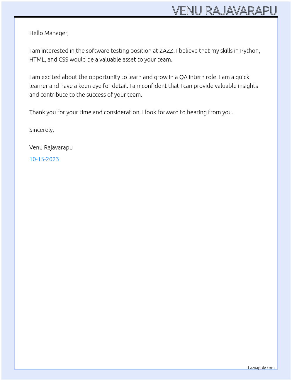 Software Testing At ZAZZ Cover Letter