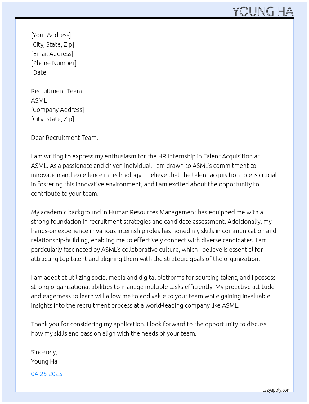 HR internship for talent acquisition At ASML Cover Letter