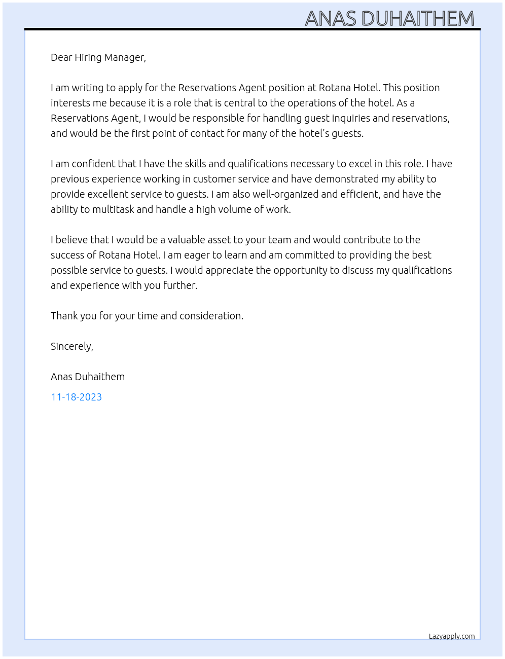Reservations Agent At Rotana Hotel Cover Letter