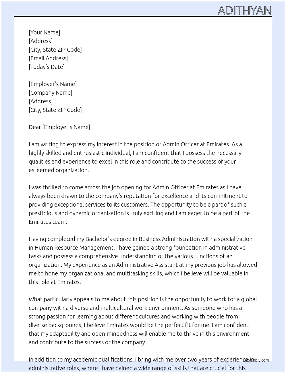 admin officer At emirates Cover Letter
