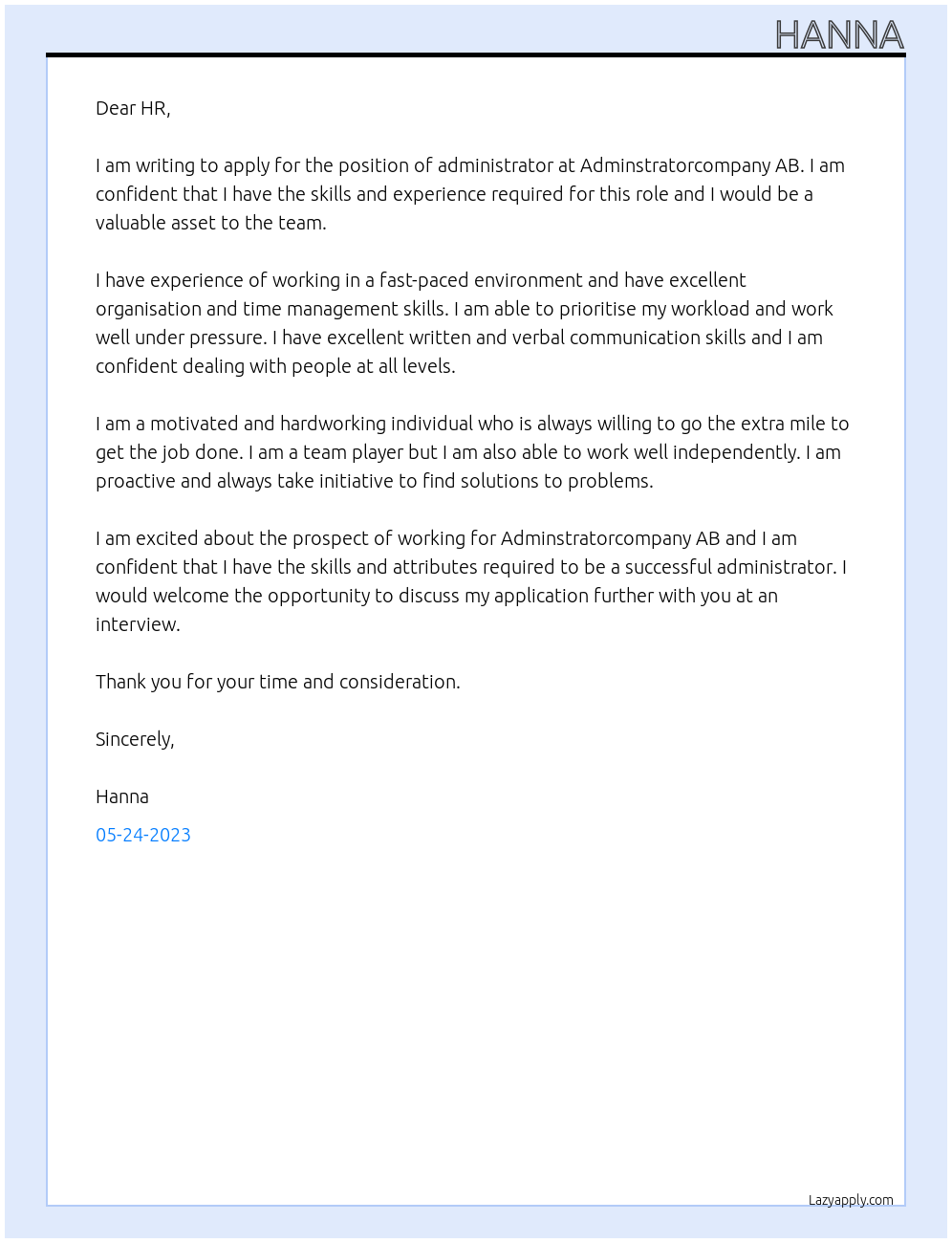 Adminstrator At Adminstratorcompany AB Cover Letter