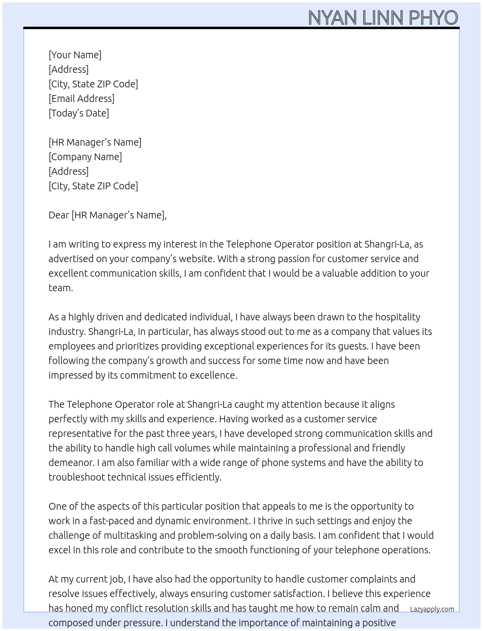 Telephone Operator At Shangri-La Cover Letter