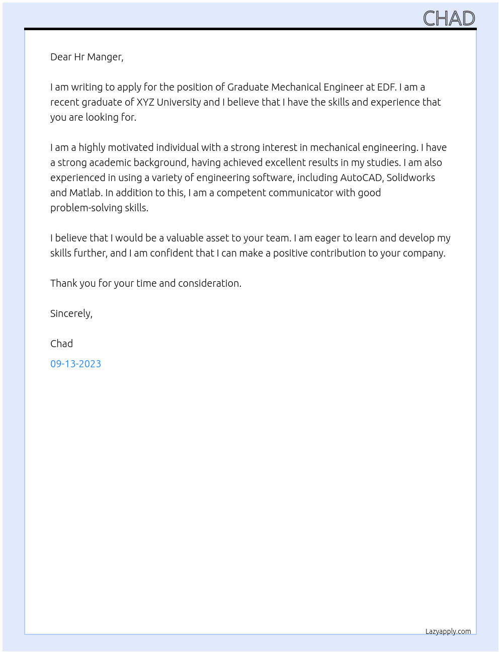 Graduate Mechanical Engineer At EDF Cover Letter