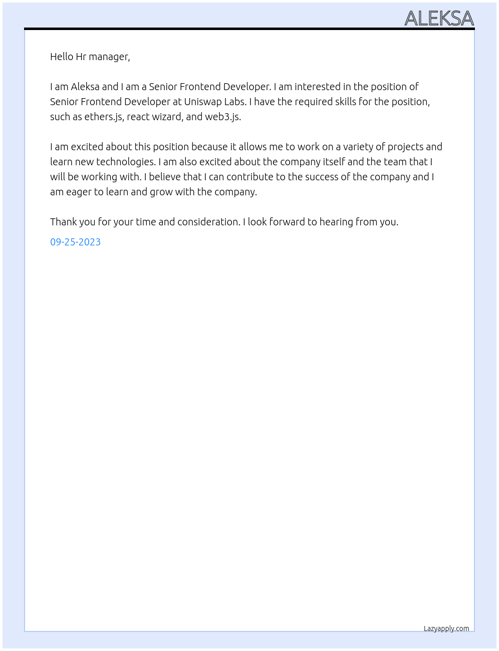 Senior Frontend Developer At Uniswap Labs Cover Letter