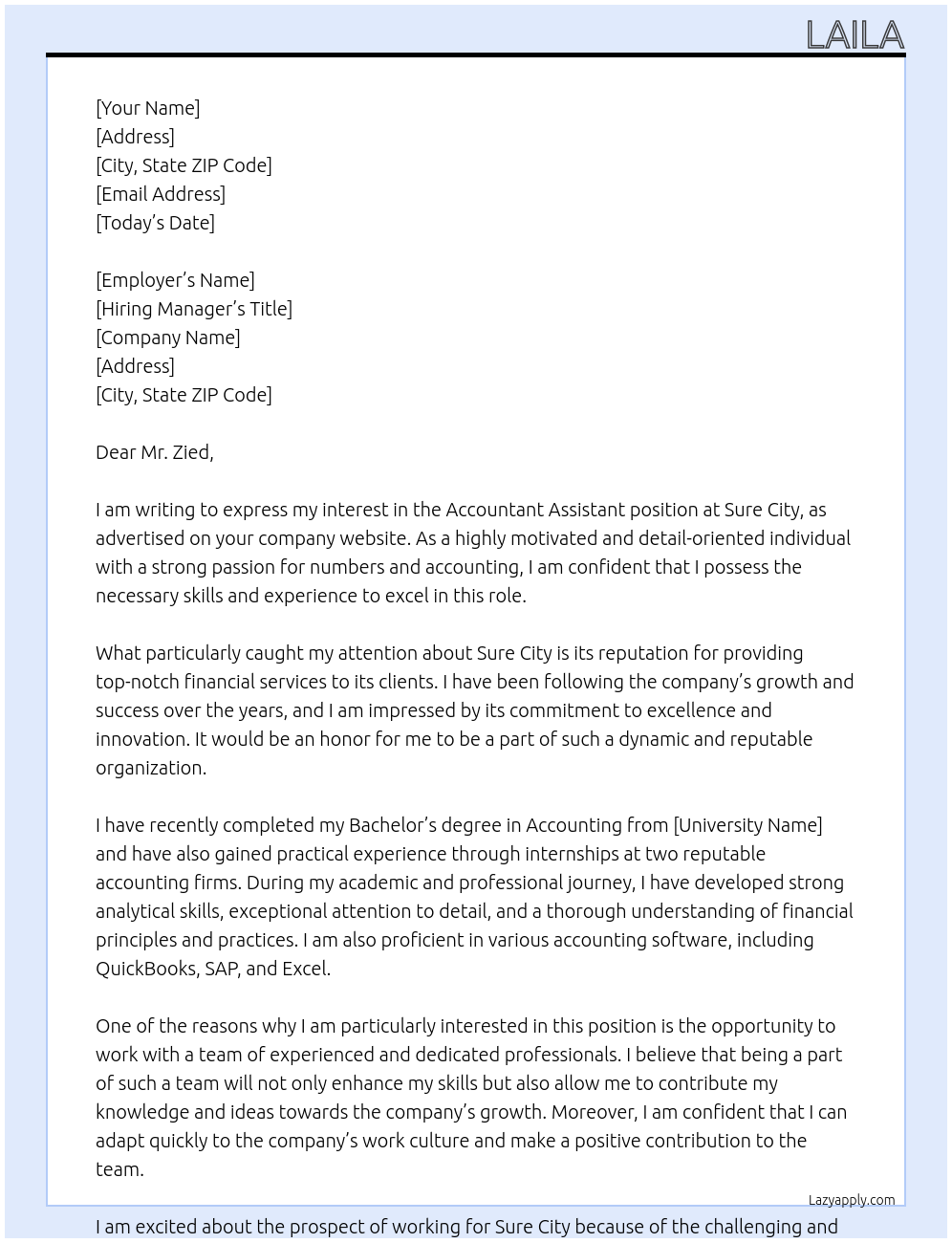 accountant assistant At sure city Cover Letter