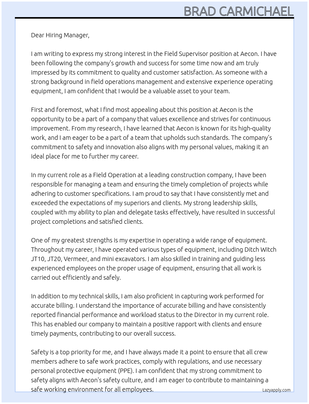 Field supervisor At Aecon Cover Letter