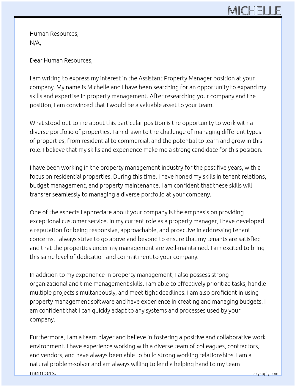 Assistant Property Manager At n/a Cover Letter