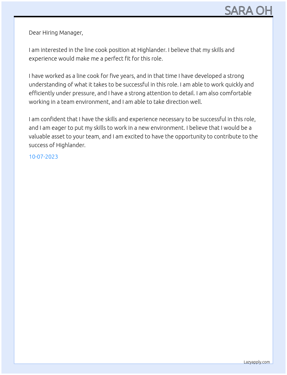 Line cook At Highlander Cover Letter