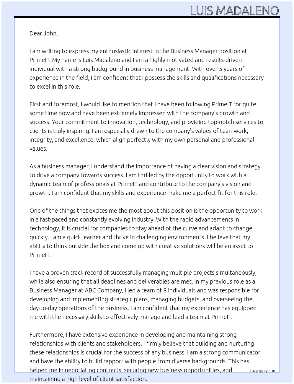 Business Manager At PrimeIT Cover Letter