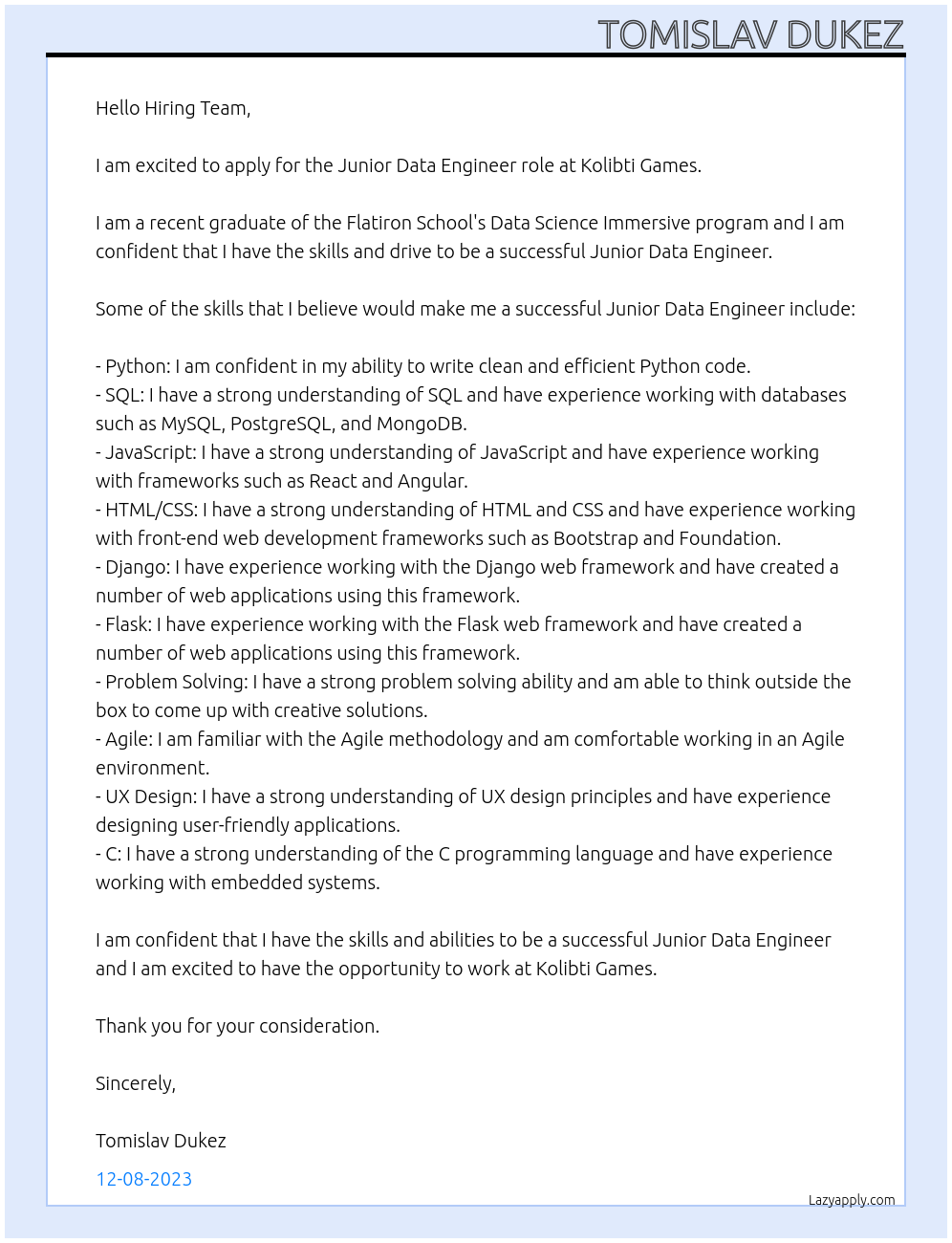 Junior Data Engineer At Kolibti Games, Berlin Cover Letter
