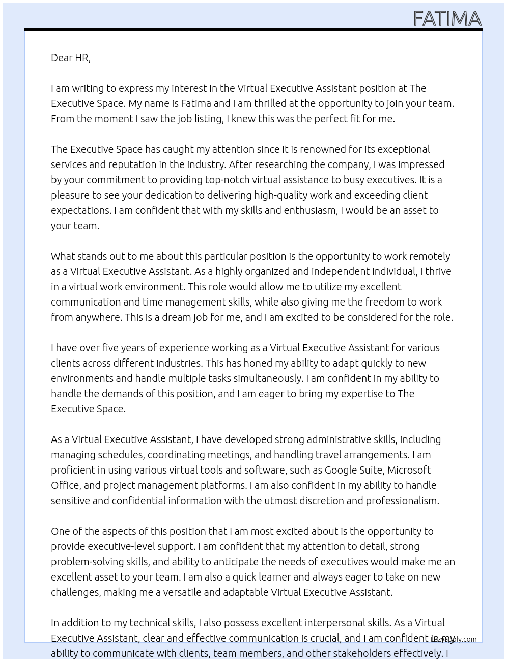 Virtual Executive Assistant  At The Executive Space  Cover Letter